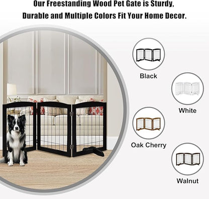 LZRS 3-Panel Freestanding Wooden Dog Gate—30" Tall Foldable Pet Barrier with Support Feet, Chew-Resistant Solid Hardwood & Steel Wire Safety Fence for Doorways, Hallways, and Stairs, Black