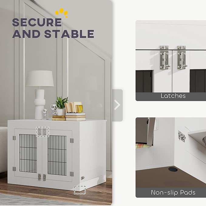PawHut Dog Crate Furniture w/ 360° Rotatable Removable Dog Bowls, Dog Kennel Furniture w/Two Doors, Non-Slip Foot Pads, Furniture Dog Crate End Side Table for Medium Dogs, 31.5" x 24" x 25", White