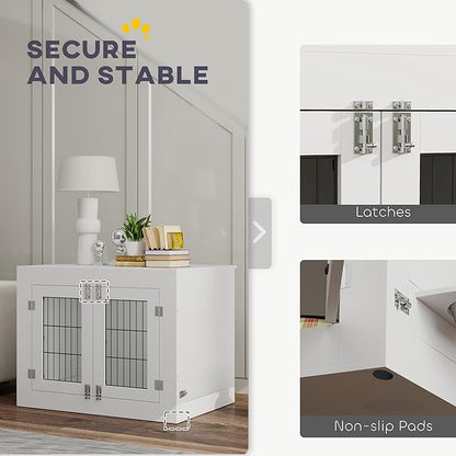 PawHut Dog Crate Furniture w/ 360° Rotatable Removable Dog Bowls, Dog Kennel Furniture w/Two Doors, Non-Slip Foot Pads, Furniture Dog Crate End Side Table for Medium Dogs, 31.5" x 24" x 25", White