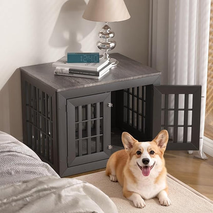 Snuowu 32" Heavy Duty Dog Crate Furniture for Small,Medium and Large Dogs,Rustic Wooden Dog Cage Kennel Indoor Furniture with Waterproof Top,Decorative Pet House Side End Table (Black & Grey)