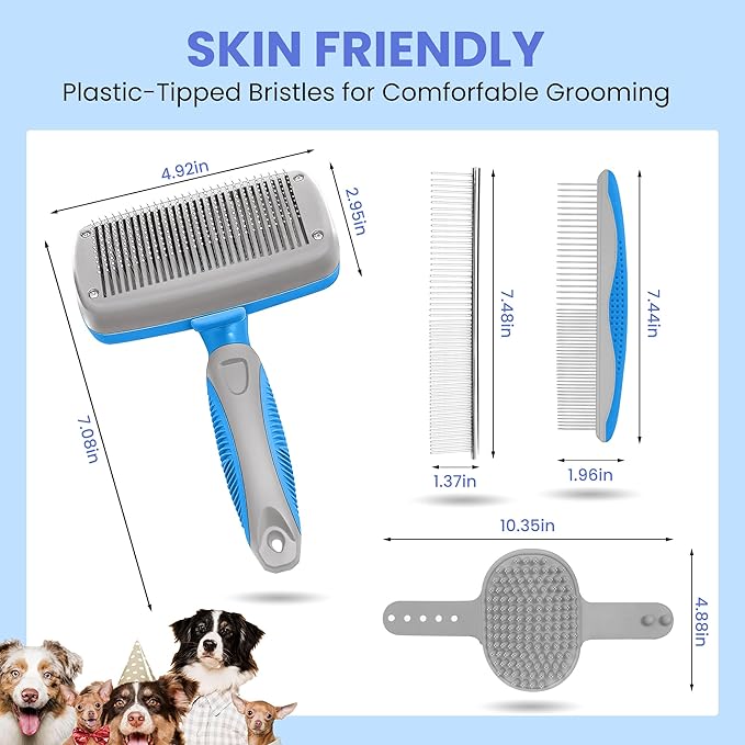 Self Cleaning Shedding Brush - 5-in-1 Professional Pet Grooming Kit Skin Friendly Grooming Tool for Dogs, Cats, and Puppies, Deshedding and Hair Removal for Long and Short Haired Pets（Blue-Grey）