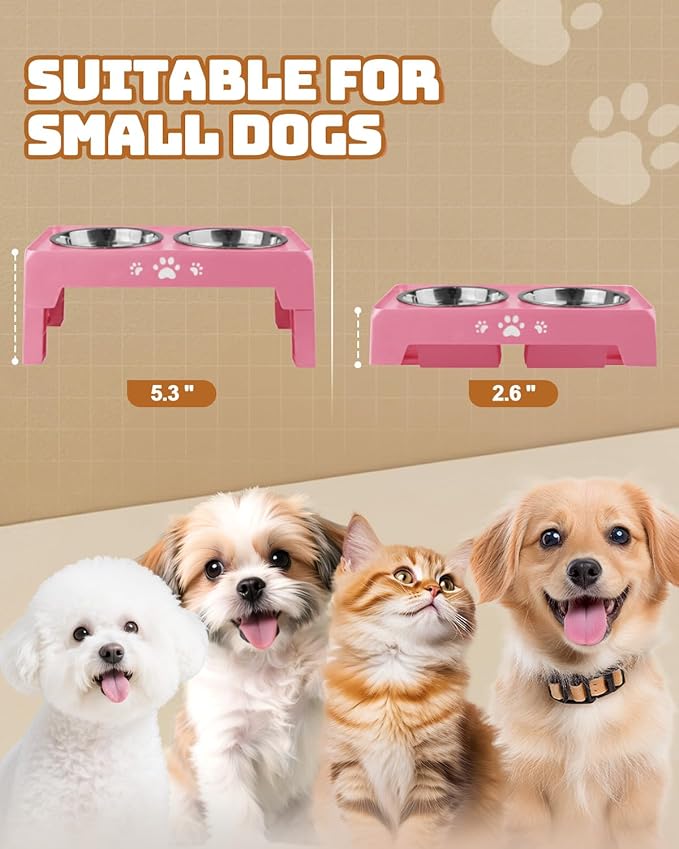 Jovrun Elevated Dog Bowls for Small Dogs and Cats, Non-Slip Cat Bowls with 2 Thick 5.5" Stainless Steel Dishes, Dog Feeder 2 Heights Adjustable to 2.6"-5.3"