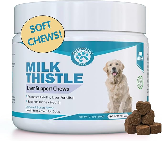 Wanderfound Pets Milk Thistle for Dogs – Tasty Salmon & Bacon Flavored Natural Liver Support for Pets – Kidney Cleanse Detox & Repair Formula Manufactured in the USA – Soft Chew Treats