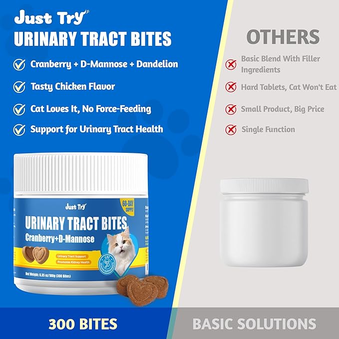 Just Try 300 Bites 6.35 oz Urinary Tract Bites for Cats - Cranberry & D Mannose Formula for Bladder Health - Prevent UTI & Promote Urinary Comfort - Grain Free, Natural Ingredients Cat Supplements