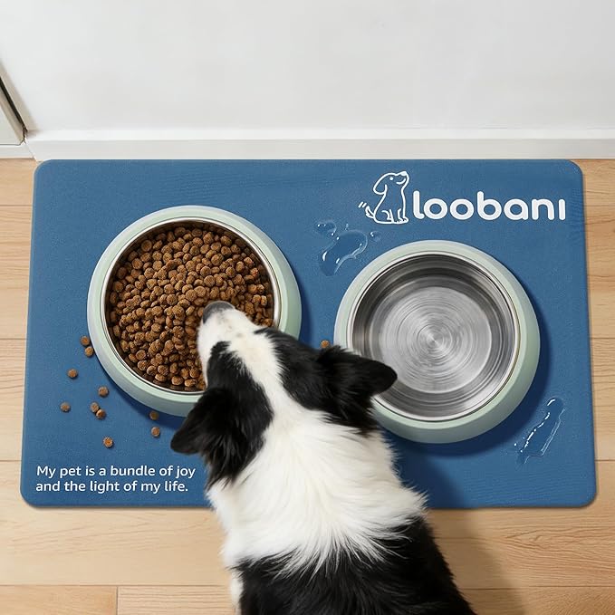 LOOBANI Dog Food Mat for Floors Waterproof 23.6"x15.7"- Absorbent Dog Bowl Mat for Food and Water Bowl, Leakproof Rubber Backing, Dog Feeding Mat for Dog, Cat, Pet (23.6"x15.7", Dark Blue)