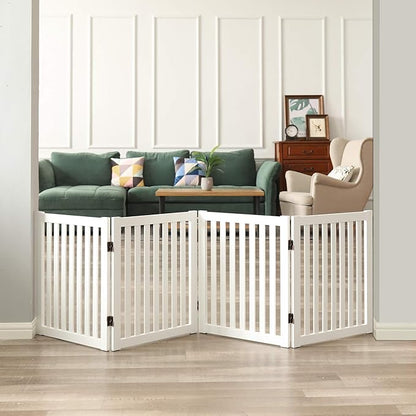 WELLAND Wooden Freestanding Pet Gate, 4 Panel 24 Inch Step Over Fence, Expands Up to 80" Wide, Foldable Indoor Dog Gate Puppy Safety Fence, White