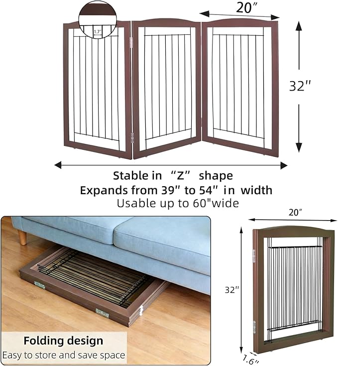 ZJSF Freestanding Foldable Dog Gate for House Extra Wide Wooden Brown Puppy Gate Stairs Dog Gates Doorways Tall Pet Gate 32 "Height 3 Panels Pet Fence