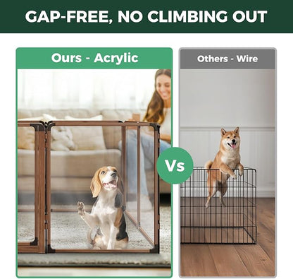 FXW AuraSpace Pro Acrylic Indoor Dog Playpen, Heavy-Duty with Metal Frame, 32" Height 6 Panels for Small and Medium Dogs, Walnut│Patented