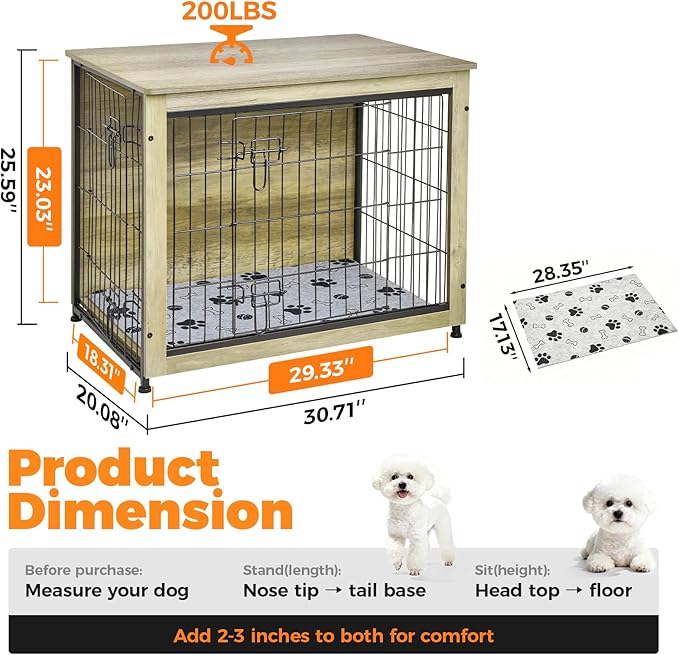 SHAWKEN Wooden & Metal Medium Dog Crate Furniture Indoor with Soft Cushion, Double-Door Dog House, 31.5" L Dog Kennel (Oak Grey, Medium)
