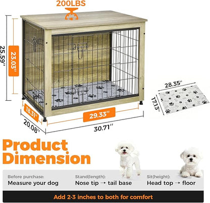 SHAWKEN Wooden & Metal Medium Dog Crate Furniture Indoor with Soft Cushion, Double-Door Dog House, 31.5" L Dog Kennel (Oak Grey, Medium)