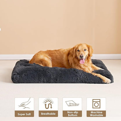 EHEYCIGA Fluffy Dog Crate Bed for Extra Large Dogs, Plush Faux Fur Crate Pad, Calming Anti Anxiety XL Dog Bed, Washable Soft Warm Crate Mat with Non-Slip Bottom, Dark Grey