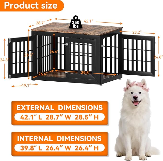 Snuowu 42" Heavy Duty Dog Crate Furniture for Small,Medium and Large Dogs,Rustic Wooden Dog Cage Kennel Indoor Furniture with Waterproof Top,Decorative Pet House Side End Table (Black & Wood)