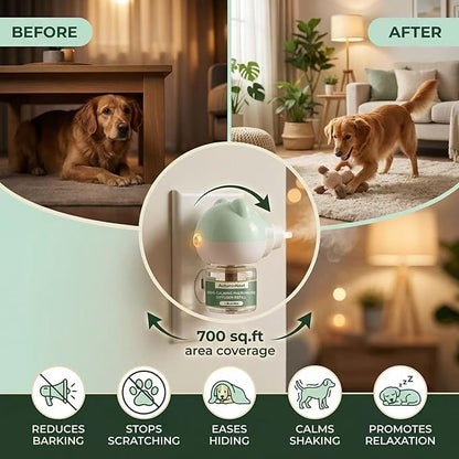 Dog Pheromone Diffuser Kit, Pet Diffuser for Stress Support, Reduces Stress and Promotes Relaxed Behavior, 2 Plug-in + 4 Packs Refill, 120 Day Supply (Non-Toxic, Safe & Inedible), Diffuser with Light