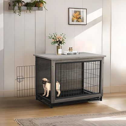 JY QAQA Dog Crate Furniture, Wooden Dog Crate Table, Double-Doors Dog Furniture, Indoor Kennel, Dog Cage/Grey/S