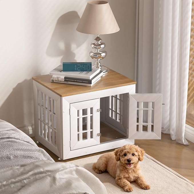 Snuowu 26" Heavy Duty Dog Crate Furniture for Small,Medium and Large Dogs,Rustic Wooden Dog Cage Kennel Indoor Furniture with Waterproof Top,Decorative Pet House Side End Table (White & Wood)