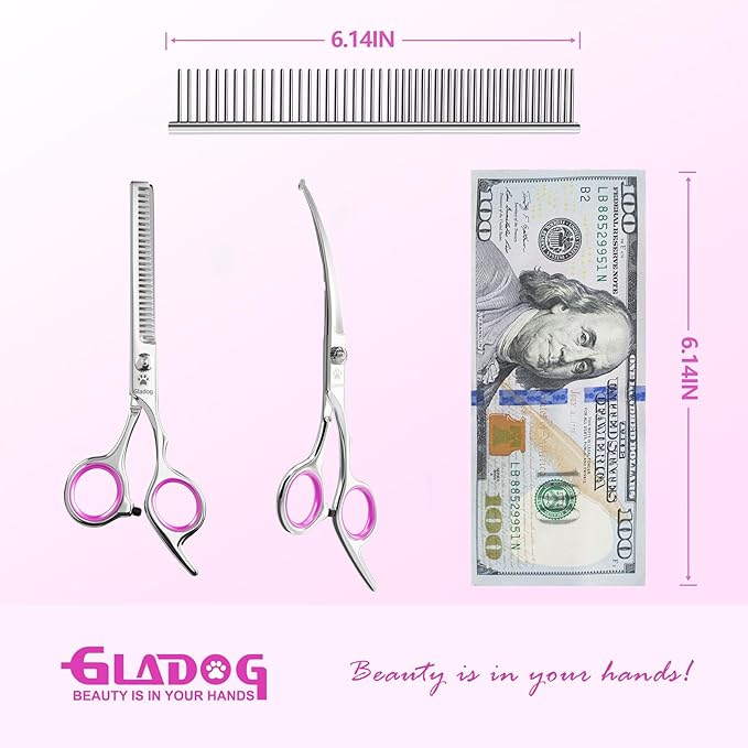 GLADOG Professional 4 in 1 Dog Grooming Scissors Set with Safety Round Tips, Sharp and Heavy-duty Pet Grooming Shears for Cats (Pink)