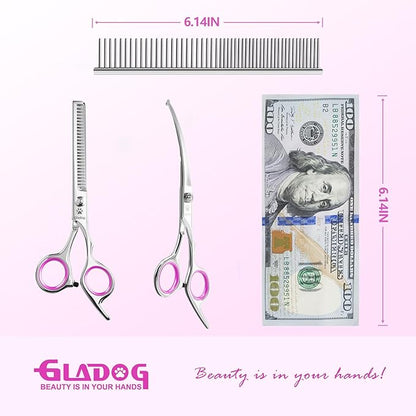GLADOG Professional 4 in 1 Dog Grooming Scissors Set with Safety Round Tips, Sharp and Heavy-duty Pet Grooming Shears for Cats (Pink)