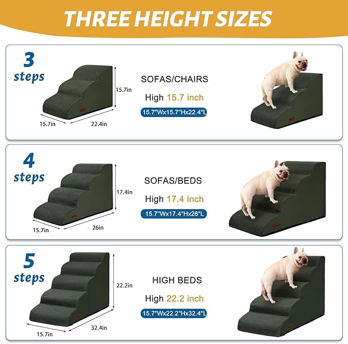 Aodisman 3-Step Dog Ramp and Stairs for Sofa and Chair - Non-Slip Sturdy Pet Steps for Small Dogs and Cats,15.7" H,Green