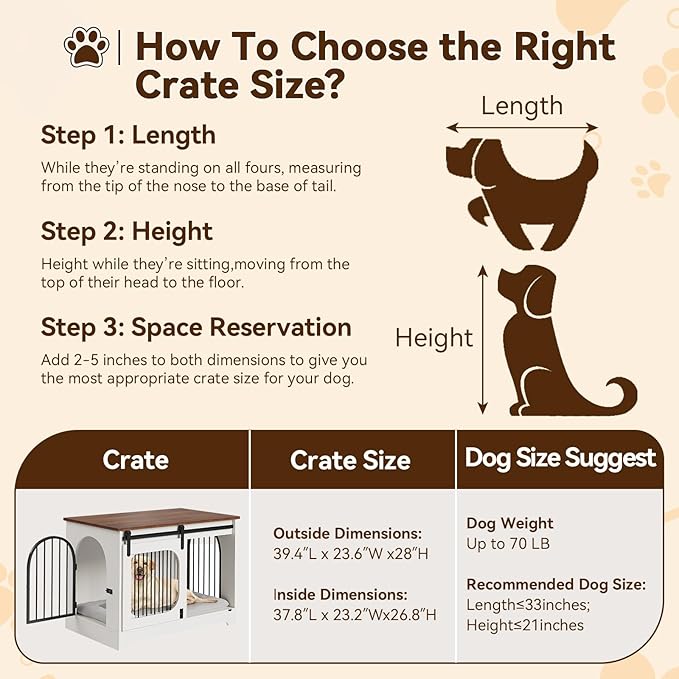 Dog Crate Furniture, 39.4 in Dog Kennel for Dogs Up to 70 LB, with Bed Mat, Heavy-Duty Dog Cage End Table, Three Doors Dog House, White/Brown