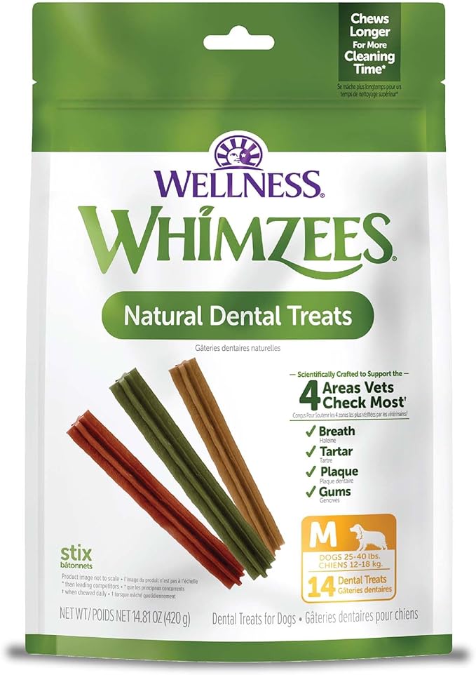 Whimzees Wellness Stix Dog Dental Treat, Chews, Freshens Breath, Medium Size Sticks, 14.81 oz Bag, 14 Count