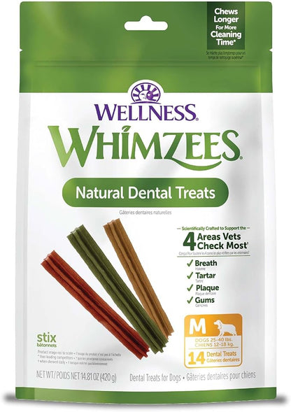 Whimzees Wellness Stix Dog Dental Treat, Chews, Freshens Breath, Medium Size Sticks, 14.81 oz Bag, 14 Count