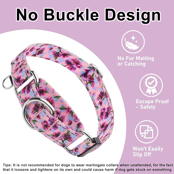 Reflective Martingale Collar for Dogs Nylon Training Collar with No Buckle Cute Floral No Pull Dog Collar for Large Dogs（Purple Flower，L）