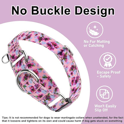 Reflective Martingale Collar for Dogs Nylon Training Collar with No Buckle Cute Floral No Pull Dog Collar for Large Dogs（Purple Flower，L）