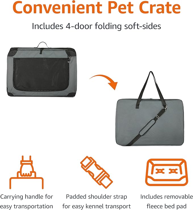 Amazon Basics 4-Door Portable Folding Soft Dog Crate, Collapsible Travel Kennel for Cat, Dog, and Other Small Animals, Pop Up with Easy Transportation, Grey, M 30" x 21" x 21"