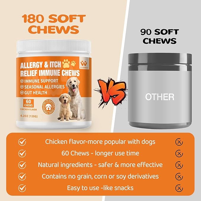 Dog Allergy Relief Chews - Advanced Dog Allergy Chews - Dоg Itching Skin Relief Treatment Pills with Probiotics - Immune Support & Skin Relief for Coat, Seasonal Allergies - 60 Treats Chicken