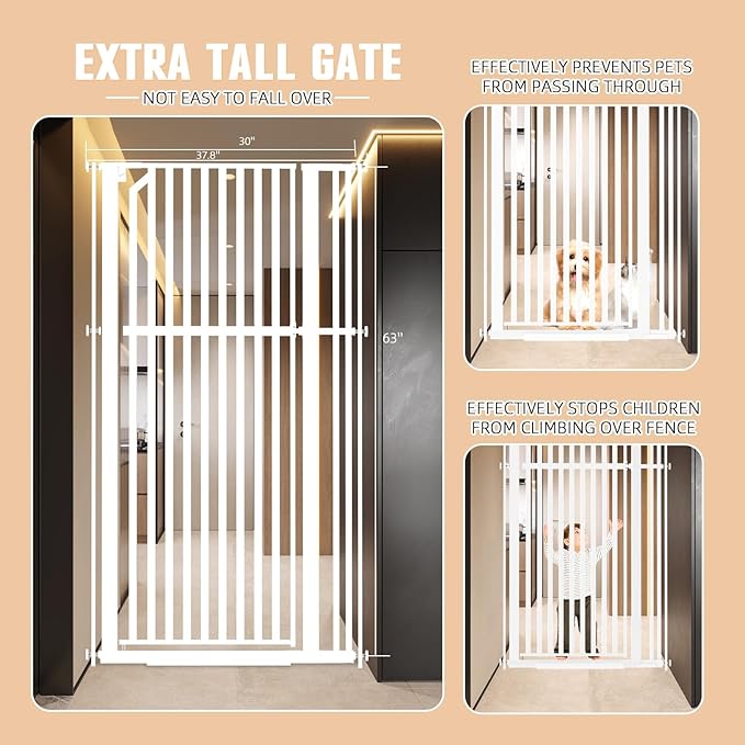 Glaf Extra Tall Pet Gate 63" Pressure Mounted Cat Door Safety Metal Cat Gate Adjustable Width Dog Gate Auto-Close Dog Door for Doorways, Stairs, Kitchen, Hallway (White, 33.86-37.4")