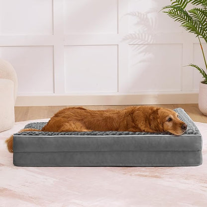 Dog Bed Large Sized Dogs, XL Orthopedic Dog Bed for Large Dogs, Waterproof Pet Bed with Washable Removable Cover, L-Shaped Pet Couch with Portable Handle 42"x30"x7.5", Dark Grey