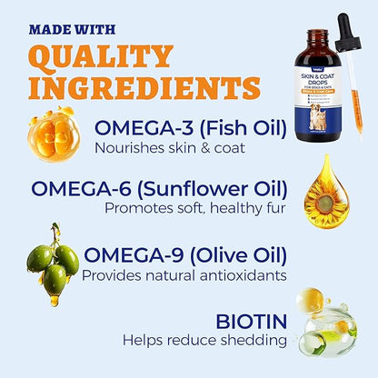4 oz Skin&Coat Drops for Dogs&Cats - Liquid Supplement with Omega 369 Biotin-Dog Itch&Allergy Relief,Reduces Shedding,Dog Fish Oil,Coat Defense for Dogs&Cats,Chicken Flavor