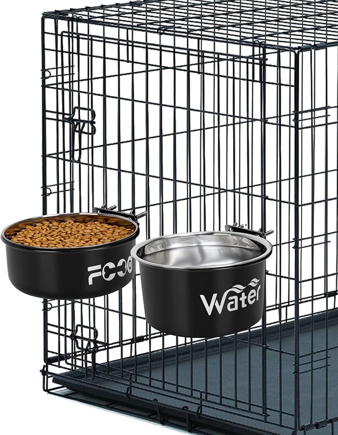 Crate Water Bowl No Spill for Large Dogs, Removable Stainless Steel Dog Bowls for Food and Water, Dog Kennel Hanging Wet and Dry Food Feeder for Medium/Large Pets, (7.1"x3.7" & 7.1"*2.6", Black)