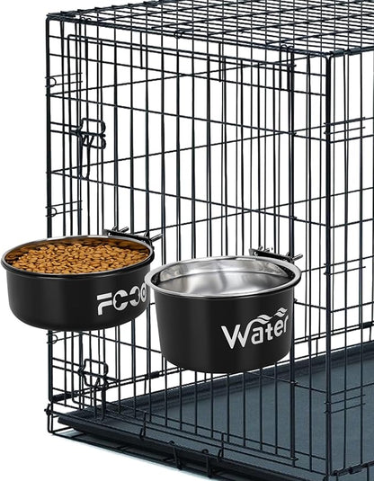 Crate Water Bowl No Spill for Large Dogs, Removable Stainless Steel Dog Bowls for Food and Water, Dog Kennel Hanging Wet and Dry Food Feeder for Medium/Large Pets, (7.1"x3.7" & 7.1"*2.6", Black)