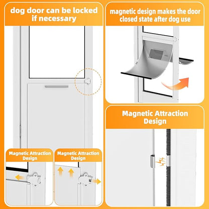 Dog Door for Sliding Glass Door with Magnetic Flat, Installed on Either Left or Right Side，Sliding Door Pet Doggie Door Insert with Lock, Adjustable Height No-Cut Required Doggy Door