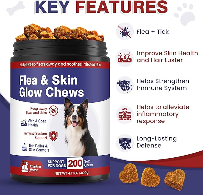 Flea and Tick Prevention for Dogs Chewable Omega Skin and Coat Chews for Dogs Natural Pet Oral Flea Chewables Increase Hair Shine Nutritional Supplements 200 Soft All Breeds Ages Chicken Flavor