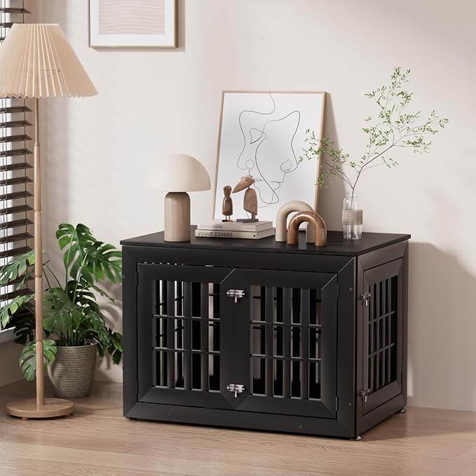 Snuowu 38" Heavy Duty Dog Crate Furniture for Small,Medium and Large Dogs,Rustic Wooden Dog Cage Kennel Indoor Furniture with Waterproof Top,Decorative Pet House Side End Table (Black)