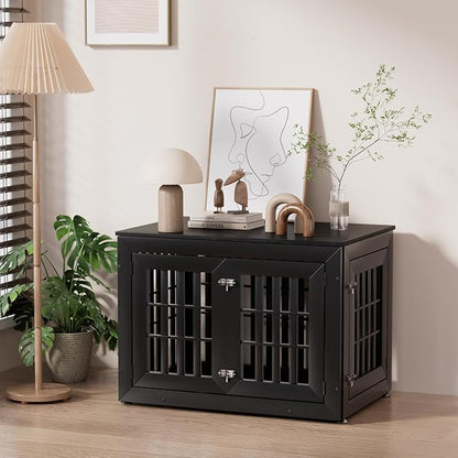 Snuowu 38" Heavy Duty Dog Crate Furniture for Small,Medium and Large Dogs,Rustic Wooden Dog Cage Kennel Indoor Furniture with Waterproof Top,Decorative Pet House Side End Table (Black)