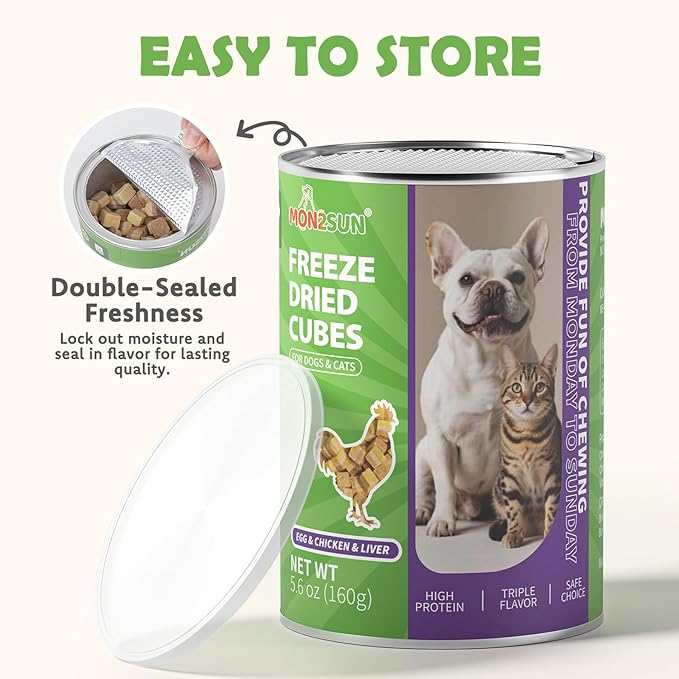 MON2SUN Triple-Layer Freeze Dried Cat & Dog Treats, Chicken, Egg & Chicken Liver Recipe Cube, Grain-Free High Protein Snacks, All Natural Food Topper or Training Rewards, 5.6oz