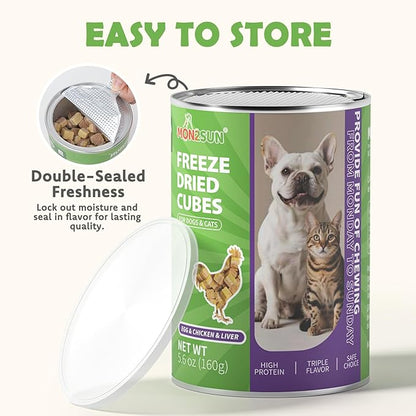 MON2SUN Triple-Layer Freeze Dried Cat & Dog Treats, Chicken, Egg & Chicken Liver Recipe Cube, Grain-Free High Protein Snacks, All Natural Food Topper or Training Rewards, 5.6oz