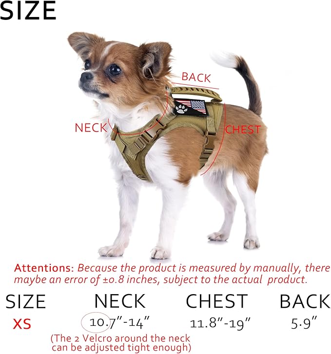 Tactical Dog Harness Tactical with Rubber Handle K9 Military Adjustable Puppy Pet Vest Harness for Outdoor Training XS (Brown Harness)