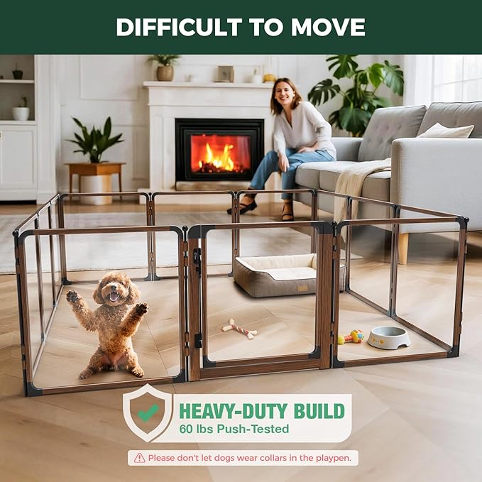 FXW AuraSpace Pro Acrylic Indoor Dog Playpen, Heavy-Duty with Metal Frame, 24" Height 12 Panels for Puppies & Small Dogs,Walnut│Patented