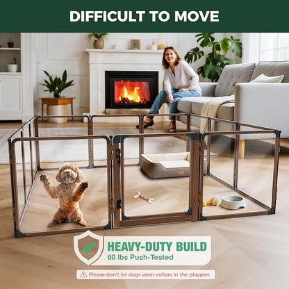 FXW AuraSpace Pro Acrylic Indoor Dog Playpen, Heavy-Duty with Metal Frame, 24" Height 12 Panels for Puppies & Small Dogs,Walnut│Patented