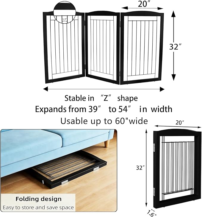 ZJSF Freestanding Foldable Dog Gate for House Extra Wide Wooden Black Puppy Gate Stairs Dog Gates Doorways Tall Pet Gate 3 Panels Pet Fence