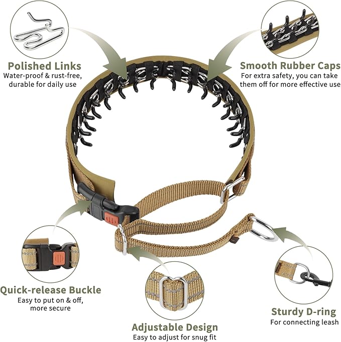 Mayerzon Martingale No Pull Collar for Medium Large Dogs German Shepherd Doberman Pitbull, Patented Anti Pull Correction Dog Collar for Walking Training, Reflective, Adjustable, Hidden(L, Khaki)