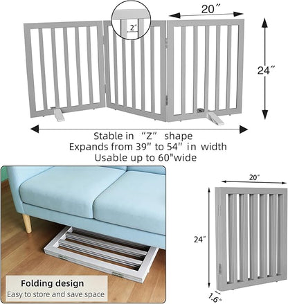 Dog Gate Indoor, Freestanding Dog Fence for The House, Doorways, Hallways,or Stairs,Pet Gate Foldable Wooden,Expandable 24" Height 3 Panels,Grey