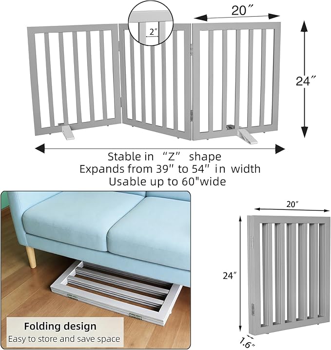 ZJSF Freestanding Indoor Dog Gate for House Foldable Wood Puppy Gate for Doorways Pet Gate for Stairs Extra Wide Pet Fence, Grey, 24" Height 3 Panels