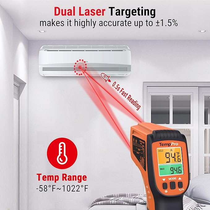 TempPro TP450 2 Laser Temperature Gun for Cooking, 16:1 D:S Ratio Infrared Thermometer Gun for Pizza Oven, Laser Thermometer Gun with Adjustable Emissivity Temp Gun -58 to 1022℉(Previously ThermoPro)