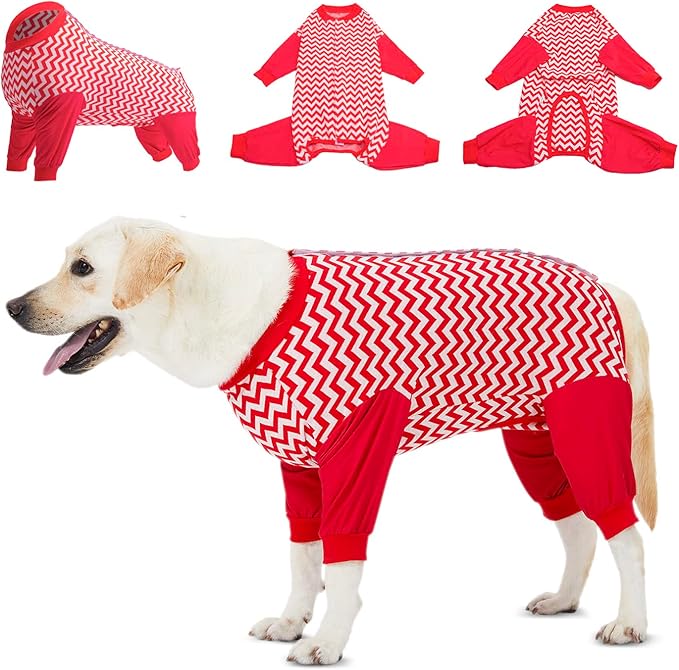 LovinPet Dog Recovery Suit for Large Dogs - Cut-Out Design of Abdomen, Red Wave Pattern, XL