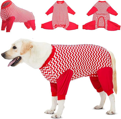 LovinPet Dog Recovery Suit for Large Medium Dogs - Cut-Out Design of Abdomen Recover Comfortably Well Protection Pet Onesie Suit Pet Pajamas Dog Anti Licking Bodysuit,Red Wave Pattern,XXL
